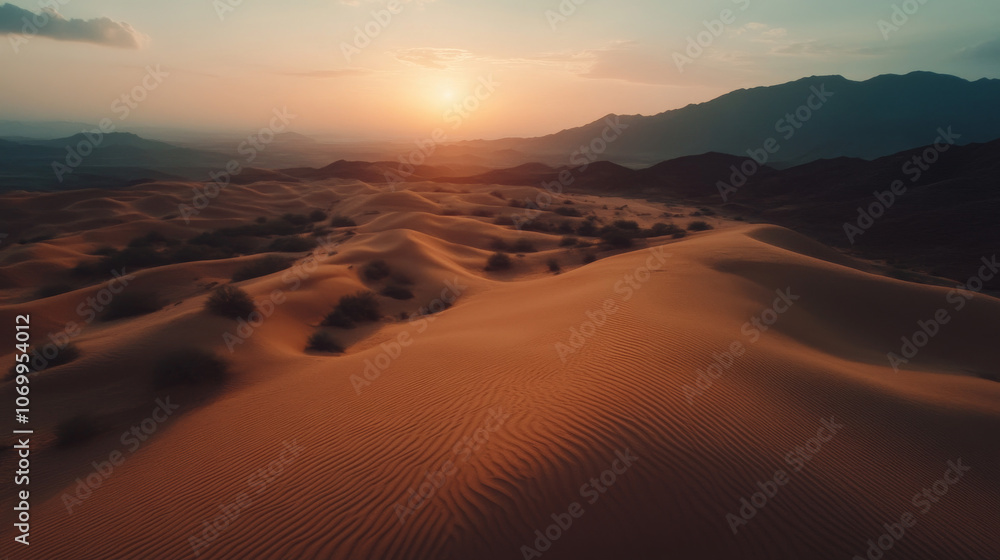 Drone shot of desert dunes at sunset, the shifting patterns of sand cast in dramatic relief by the low sun, revealing intricate textures and contours across the vast landscape. Drone shot of desert dunes at sunset, the shifting patterns of sand cast in dramatic relief by the low sun, revealing intricate textures and contours across the vast landscape.