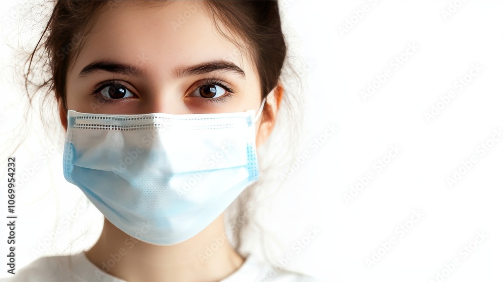 A young girl is sick with the coronavirus and is in quarantine at home. She is wearing a medical protective face mask and has a high temperature. She is isolated on a white background. A young girl is sick with the coronavirus and is in quarantine at home. She is wearing a medical protective face mask and has a high temperature. She is isolated on a white background.