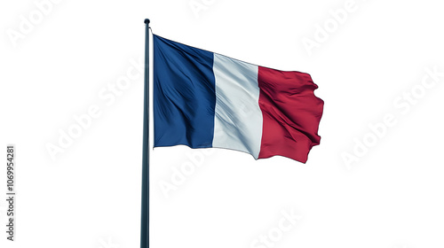 Waving French flag on a flagpole, isolated or white background