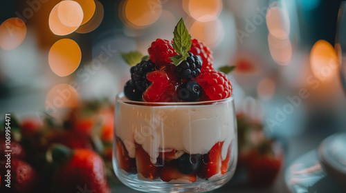 Coconut Panna Cotta with Fresh Berries in Glass photo