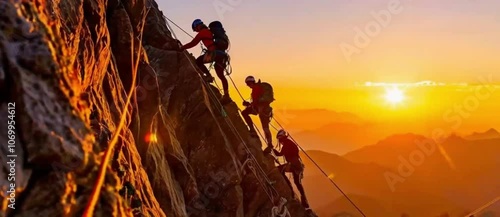 Mountain Climbers Secured with Ropes at Sunset
