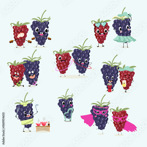 Cute  blackberry characters set, funny fruits, berries, different activities. Flat vector illustration. Organic food, healthy food, illustrations for kids menu, invitations.
