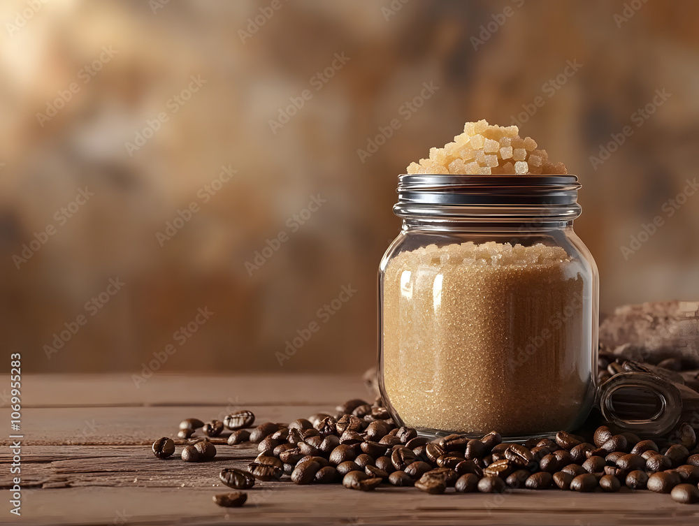 Delicious coffee jar with brown sugar and coffee beans on wooden background. Delicious coffee jar with brown sugar and coffee beans on wooden background.