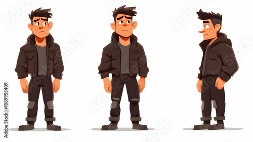 Three cartoon illustrations of a young man in a brown jacket and jeans, each with a different expression.