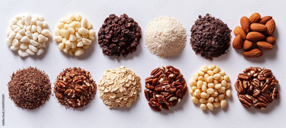 Nuts and seeds arranged in various piles, showcasing diverse textures and colors. This vibrant display highlights natural beauty of healthy snacks Nuts and seeds arranged in various piles, showcasing diverse textures and colors. This vibrant display highlights natural beauty of healthy snacks