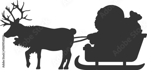 トナカイのソリに乗った、サンタクロースのシルエットのイラスト