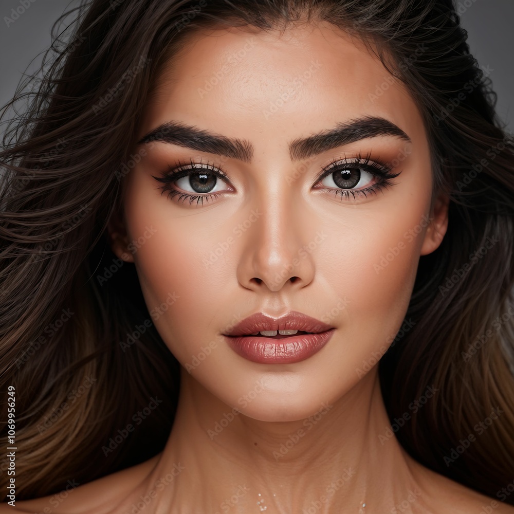 Portrait of beautiful woman looks in camera Portrait of beautiful woman looks in camera