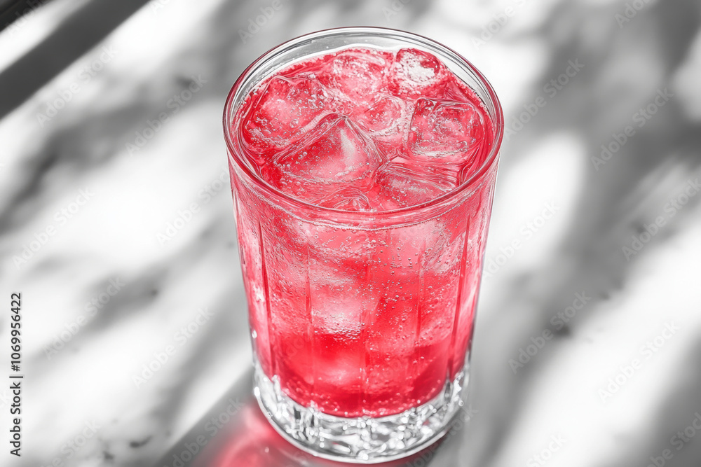 Refreshing glass of vibrant red drink filled with ice cubes, perfect for hot day. sparkling beverage glistens in light, creating cheerful atmosphere Refreshing glass of vibrant red drink filled with ice cubes, perfect for hot day. sparkling beverage glistens in light, creating cheerful atmosphere