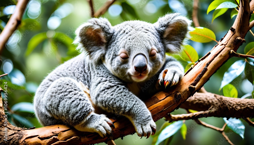 Fototapeta premium Adorable koala sleeping peacefully on tree branch in lush forest setting