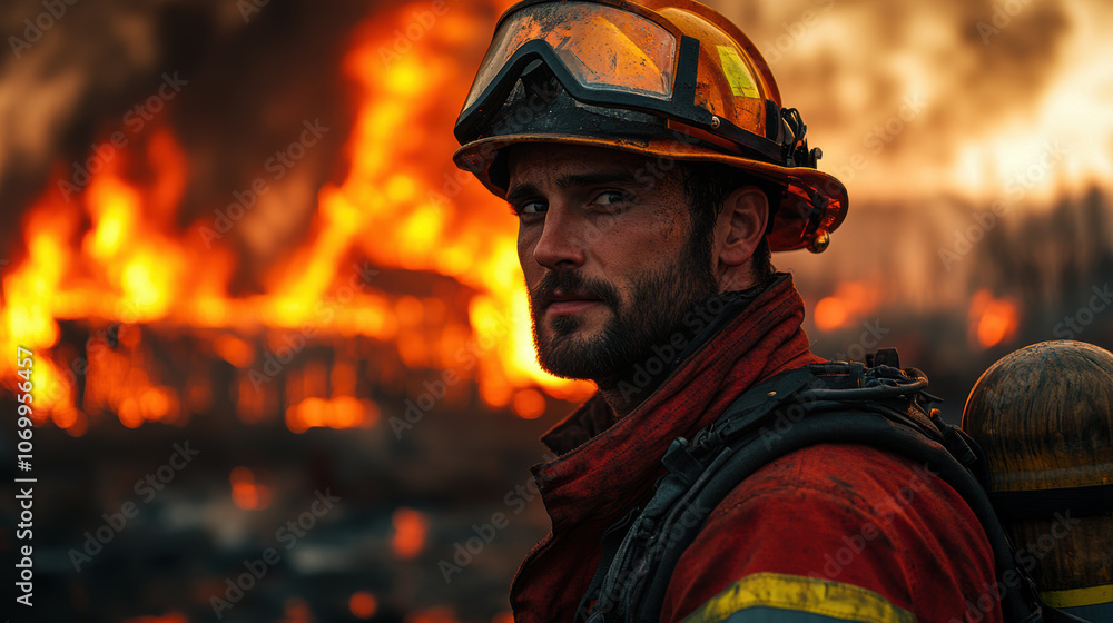 brave firefighter stands in front of raging fire, showcasing determination and resilience. intense flames create dramatic backdrop, highlighting heroism of first responders brave firefighter stands in front of raging fire, showcasing determination and resilience. intense flames create dramatic backdrop, highlighting heroism of first responders