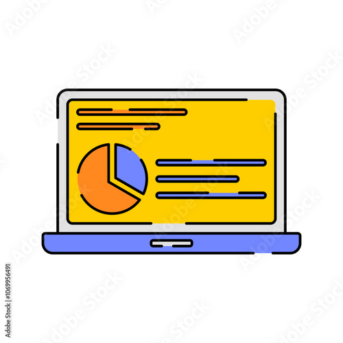 Laptop with chart Icon Illustration with bright colour palette in flat design style for Business and Office theme design.