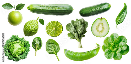 Fototapeta Naklejka Na Ścianę i Meble -  Set of Green fruits and vegetables various types with cucumber, lime, cabbage and other isolated on background, healthy organic food selection.
