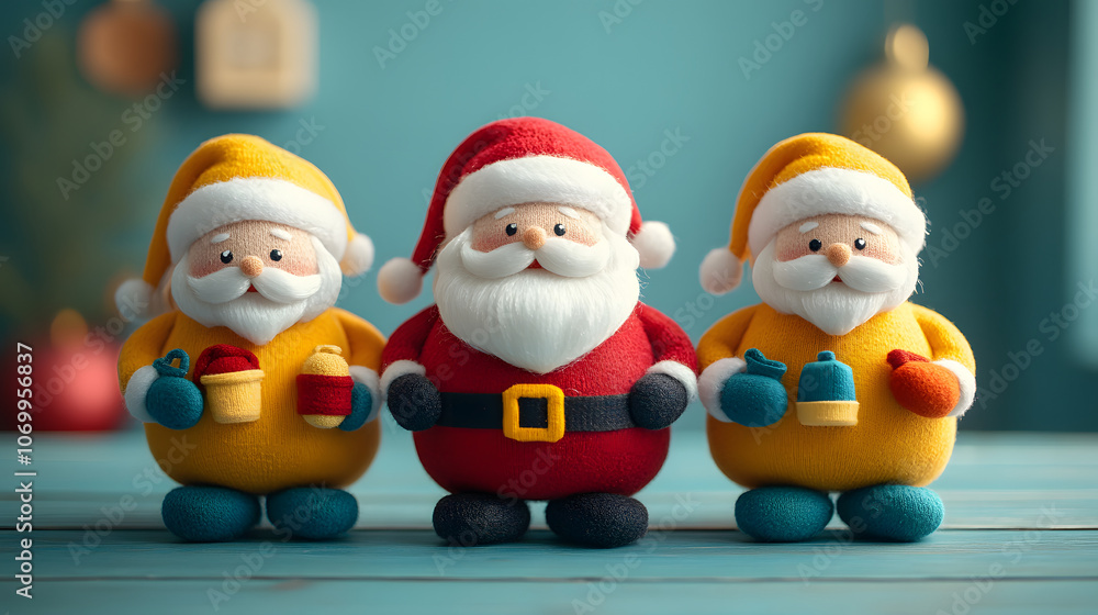 Three colorful Santa figurines stand together, showcasing festive charm and holiday spirit. Three colorful Santa figurines stand together, showcasing festive charm and holiday spirit.