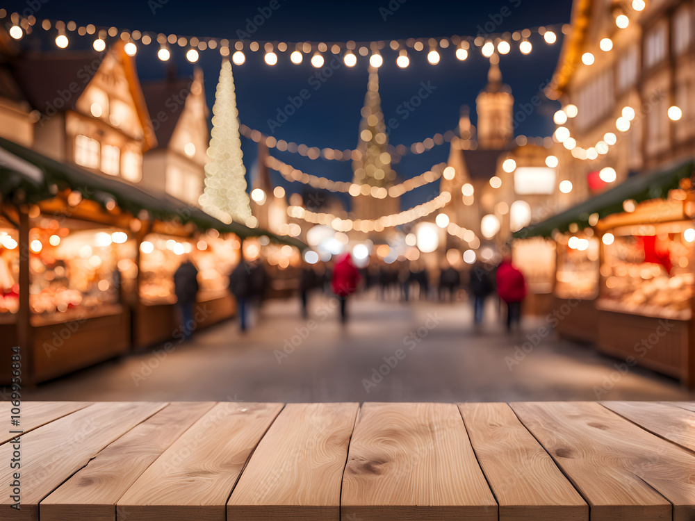 Empty wooden tabletop with a festive Christmas market blur in the background for display or montage Empty wooden tabletop with a festive Christmas market blur in the background for display or montage