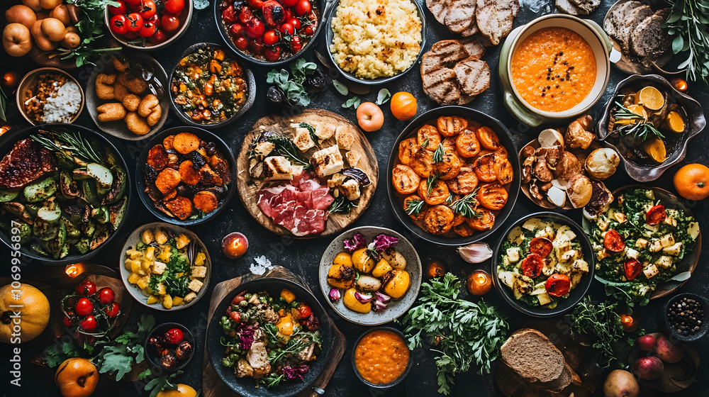A vibrant spread of diverse, colorful dishes arranged in bowls, showcasing fresh ingredients, fruits, meats, and salads. A vibrant spread of diverse, colorful dishes arranged in bowls, showcasing fresh ingredients, fruits, meats, and salads.