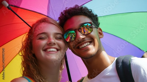 Two people sharing a rainbow umbrella, standing close with joyful expressions during a Pride event. photo