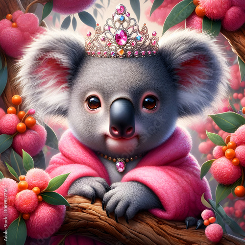 pink koala queen fluffy cute beautiful koalabear wearing a pink robe and a pink gem tiara among eucalyptus leaves and pink blossoms photo