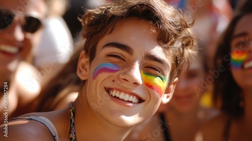 A young person with a rainbow painted on their cheek, smiling with friends at a pride celebration. photo