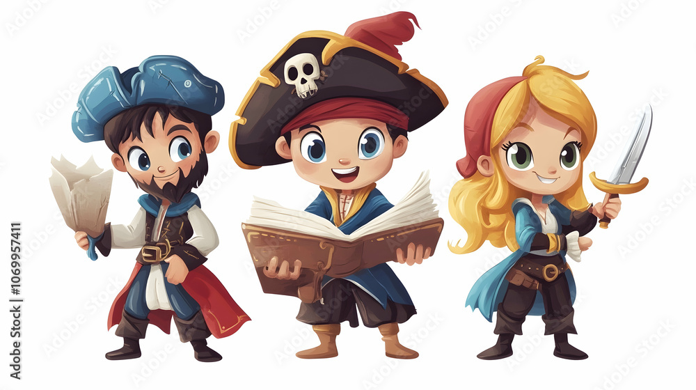 Three cute cartoon pirates, a male with a map, a male captain with a book, and a female pirate with a sword, standing side by side. Three cute cartoon pirates, a male with a map, a male captain with a book, and a female pirate with a sword, standing side by side.