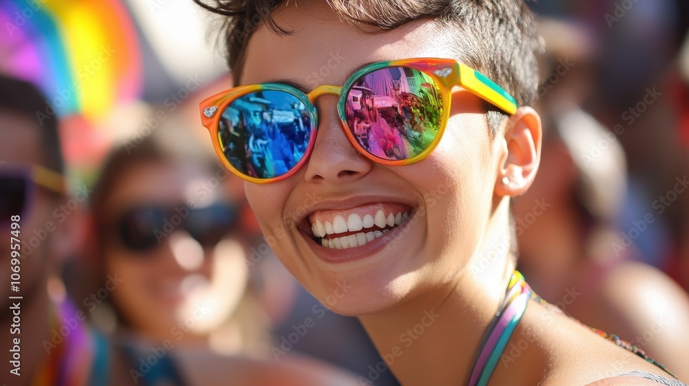 A smiling person wearing rainbow sunglasses, posing with friends at a pride festival. A smiling person wearing rainbow sunglasses, posing with friends at a pride festival.