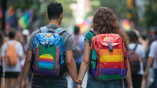 A couple with rainbow-colored backpacks holding hands as they walk through a pride event. photo