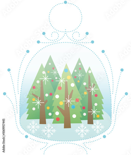 Illustration pour carte de vœux de noël, des sapins vers décorés de boules colorées et d'étoiles étincelantes dans une boule à neige bleutée entourée d'ornements et de flocons de neige,vecteur festif