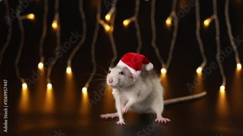 Rat in red Santa hat isolated on black background. Mouse and New Year. Pet and festive garland. Yellow blurred bokeh of burning bulbs. Holiday concept Christmas