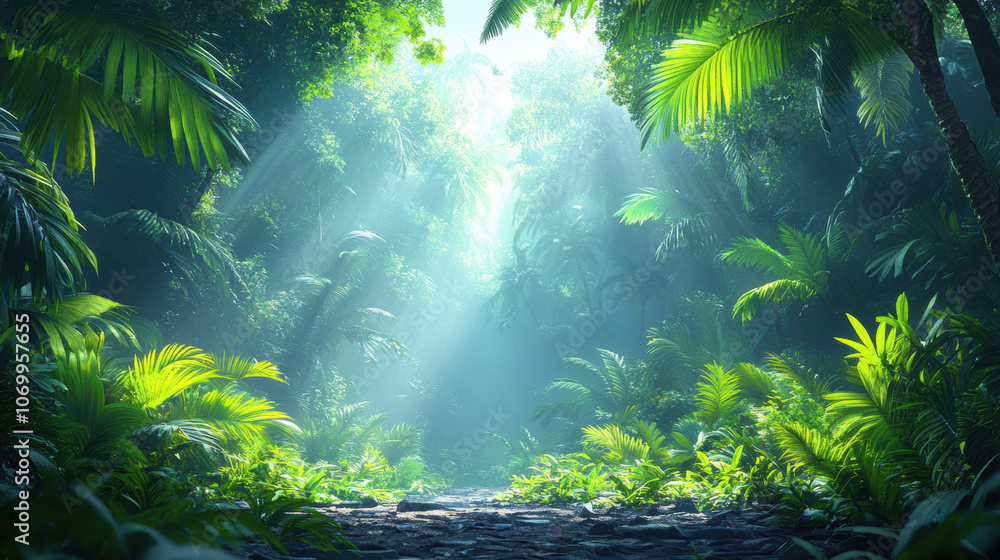 lush jungle with thick vines and exotic plants, illuminated by soft sunlight filtering through canopy, creates serene and vibrant atmosphere lush jungle with thick vines and exotic plants, illuminated by soft sunlight filtering through canopy, creates serene and vibrant atmosphere