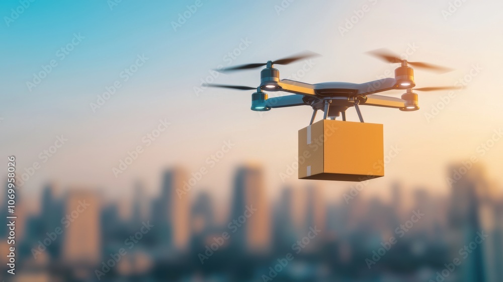 Autonomous drone delivers holographic packages in a futuristic city landscape to modern logistics Autonomous drone delivers holographic packages in a futuristic city landscape to modern logistics