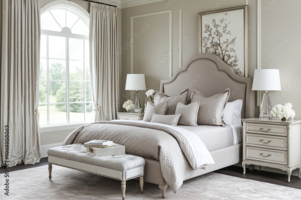Fototapeta premium Elegant classic bedroom with arched window and neutral tones