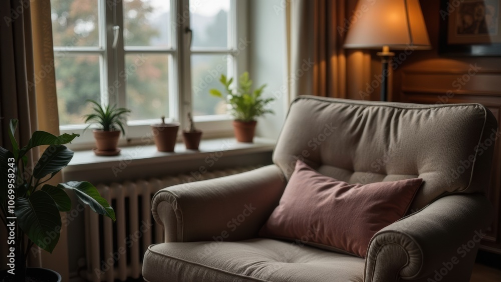 A cozy living room featuring a comfortable armchair, a steaming cup of coffee on a wooden table A cozy living room featuring a comfortable armchair, a steaming cup of coffee on a wooden table