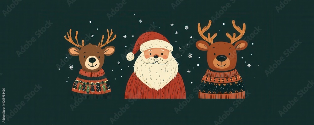 Fototapeta premium Minimalist illustration of Santa Claus and reindeer in festive sweaters on a dark background