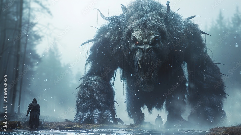 A Terrifying Encounter with a Mythical Monster in a Snowy Forest A Terrifying Encounter with a Mythical Monster in a Snowy Forest