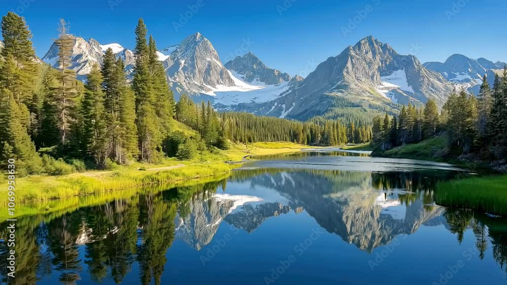 Serene alpine landscape with clear lake reflection in lush forest mountains scenery Serene alpine landscape with clear lake reflection in lush forest mountains scenery