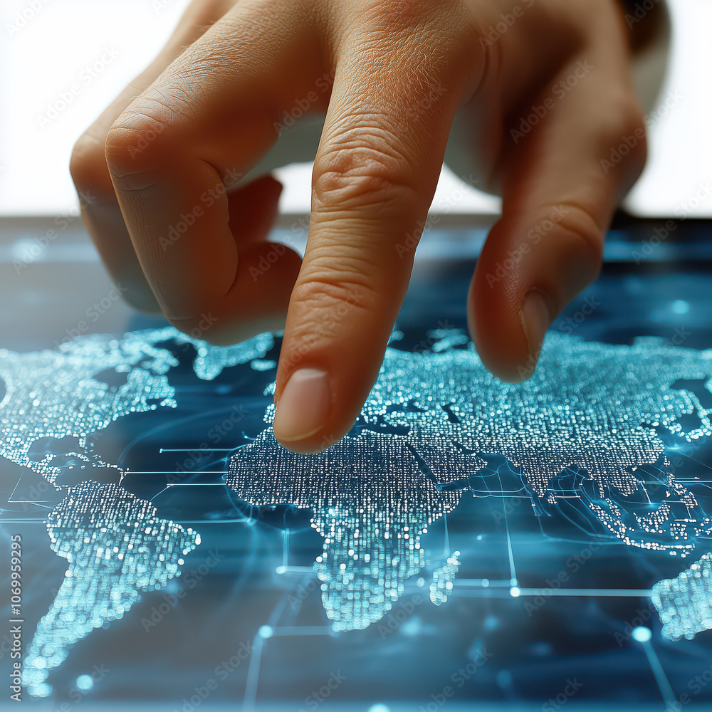 Hand pointing to the world map hologram with internet data connected to the global network. Hand pointing to the world map hologram with internet data connected to the global network.