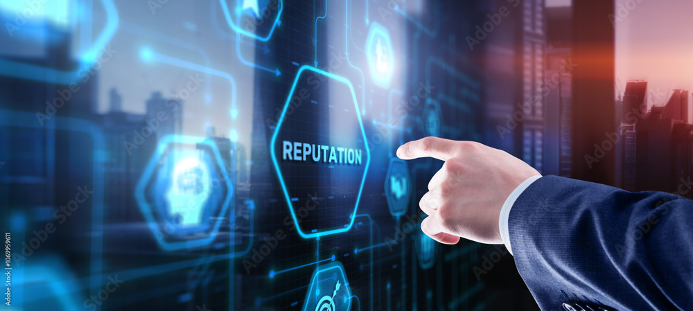 Businessman presses a button Reputation. Management Branding Concept