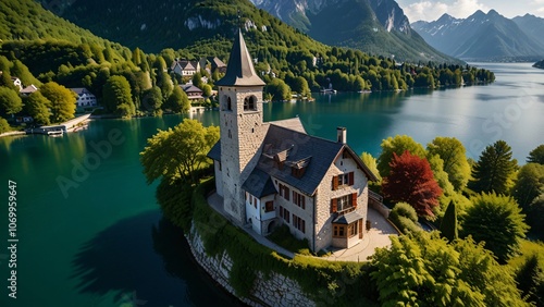 Church on Island in Lake with Mountains in Background