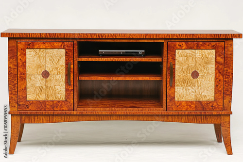 sleek wooden TV console with minimalist design, featuring elegant doors and warm finish, perfect for modern living spaces