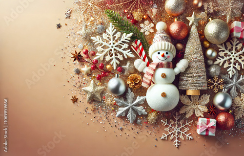 Snowman with Snowflakes and Christmas Stars copy space