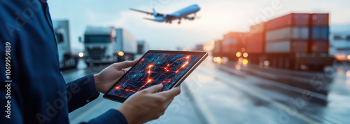 Bussinessman at shipping port using smart tablet for logistic with world map hologram data network.