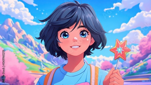 Anime-style teenager with a star-shaped lollipop, playful expression, candy-colored background, pastel tones, high detail, close-up