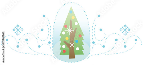 Vecteur de fête de noël et de nouvel an, élément graphique pour création de carte de vœux avec un sapin vert décoré et des ornements type arabesque bleue, des flocons de neige entoure le joli design