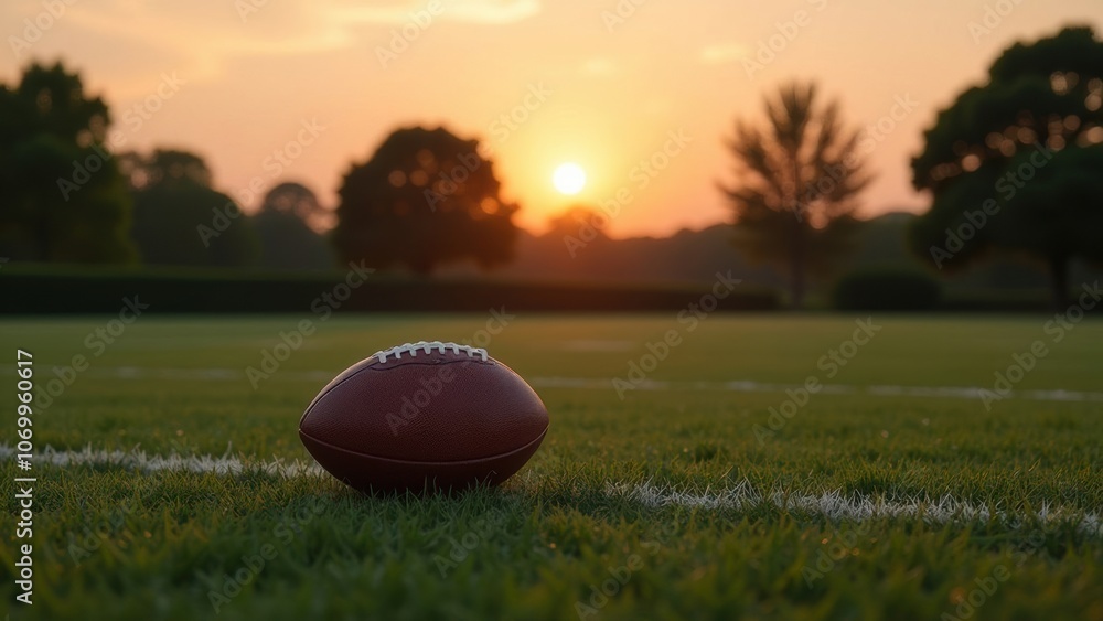 An American football resting on a lush green field as the sun sets, casting a warm, golden glow across the field, creating a peaceful and dynamic scene. An American football resting on a lush green field as the sun sets, casting a warm, golden glow across the field, creating a peaceful and dynamic scene.