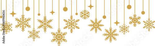 Gold snowflake border, winter holiday festive vector banner design