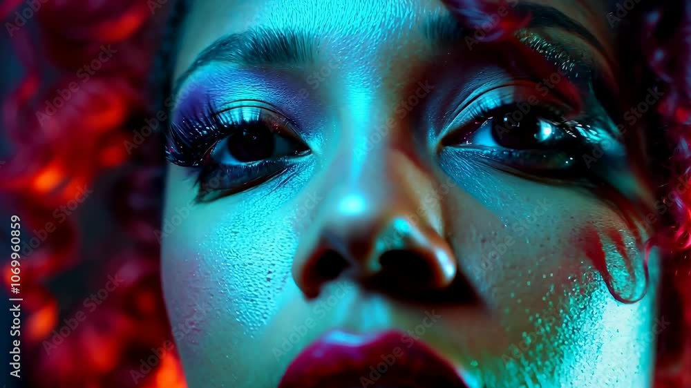 Mesmerizing close up of a woman's face with colorful lighting and glamorous makeup Mesmerizing close up of a woman's face with colorful lighting and glamorous makeup