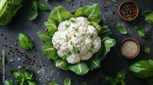 Fresh whole cauliflower head surrounded by leafy greens and spices, creating vibrant and healthy culinary scene. Perfect for cooking or garnishing dishes