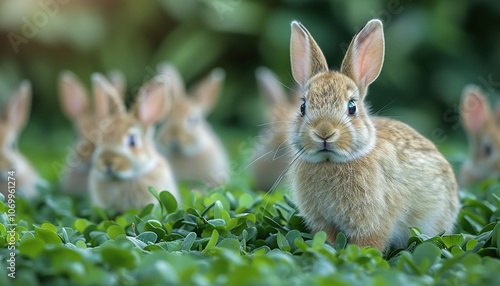 Cute rabbits on green background 