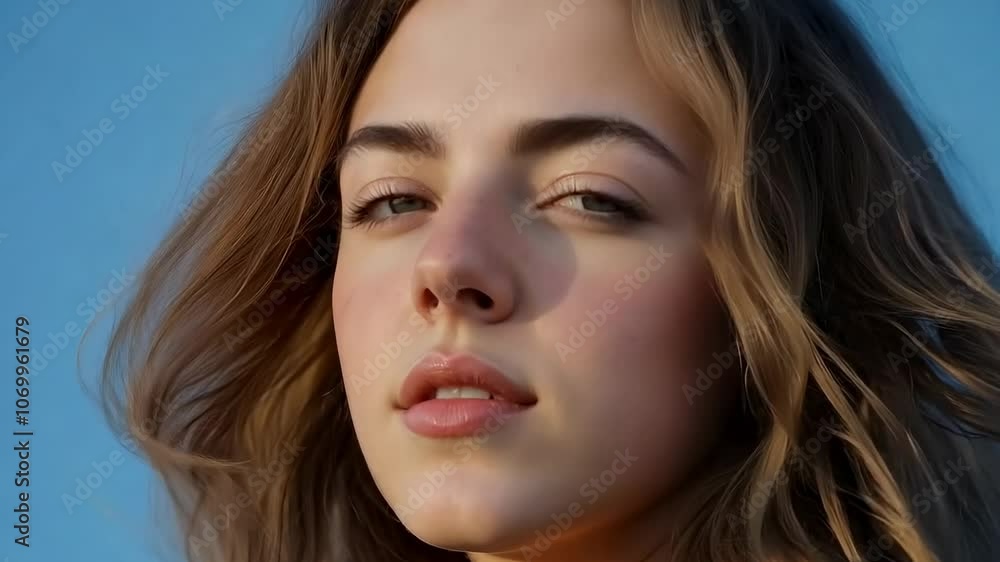 Graceful elegance of a serene woman under the bright blue sky with flowing hair and a calm expression Graceful elegance of a serene woman under the bright blue sky with flowing hair and a calm expression