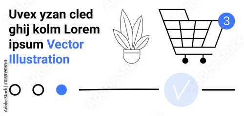 Shopping cart with number 3, potted plant, round checkmark, circles, lines, and placeholder text. Ideal for online shopping, minimalistic designs, e-commerce apps, interfaces, customer journey