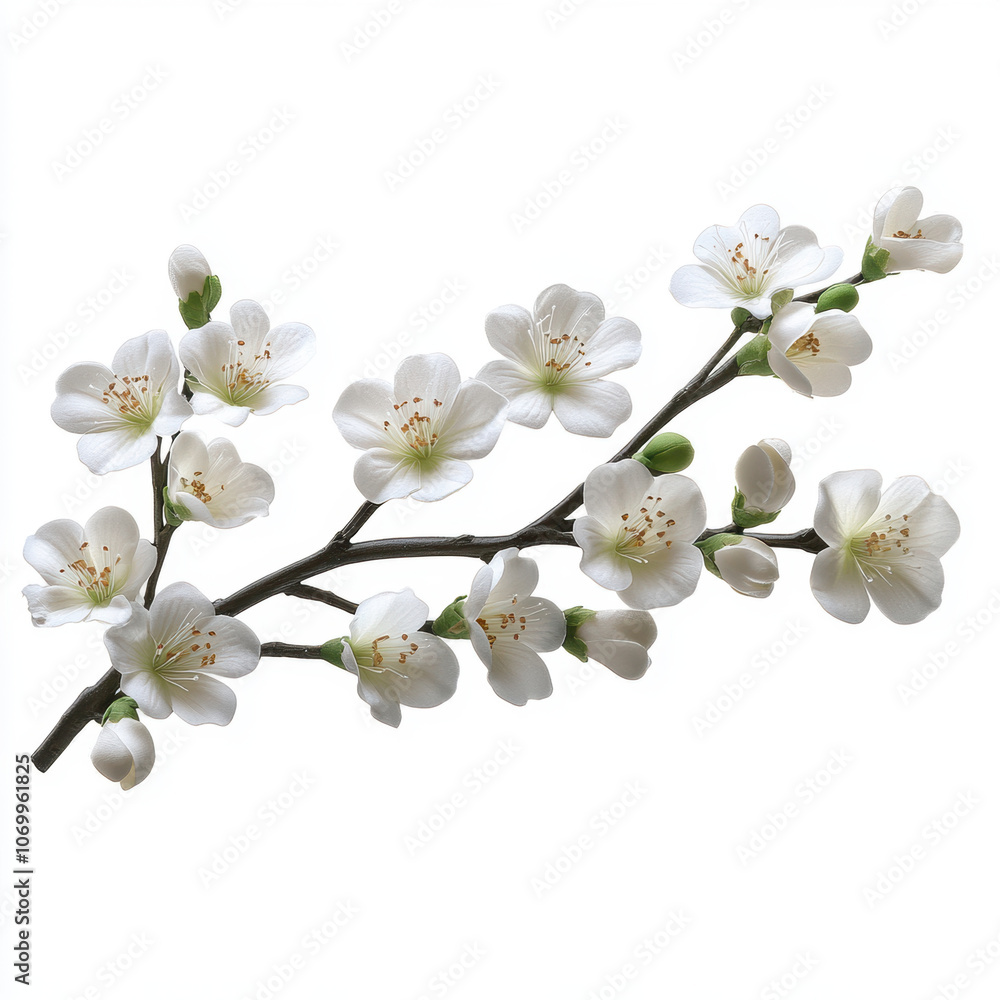 Fototapeta premium Beautiful white orchid branch with delicate flowers and green buds, perfect for floral arrangements and decoration. This elegant design adds touch of nature to any space